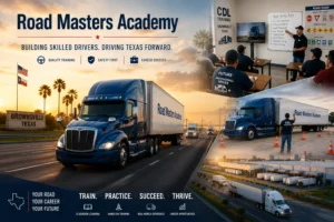 CDL training in Brownsville Texas showing trucks, classroom learning, and career opportunities in trucking industry