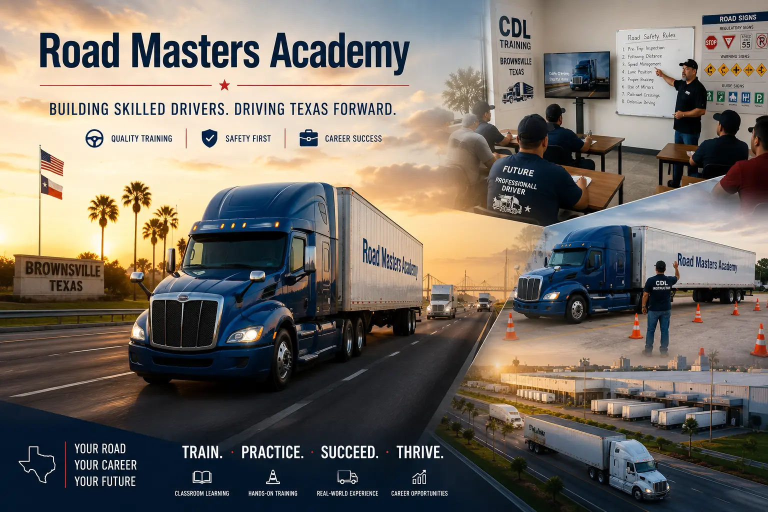 CDL training in Brownsville Texas showing trucks, classroom learning, and career opportunities in trucking industry