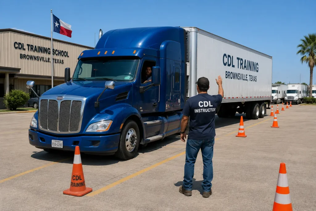 CDL trainee practicing backing and yard driving skills with a semi-truck during CDL training in Brownsville TX