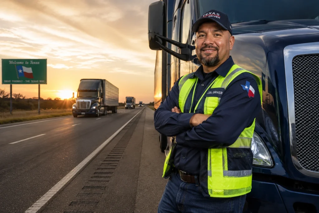 Class A CDL driver standing beside a semi-truck in Texas