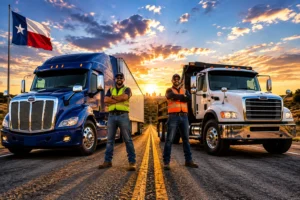 Class A CDL vs Class B CDL commercial trucks on a Texas highway