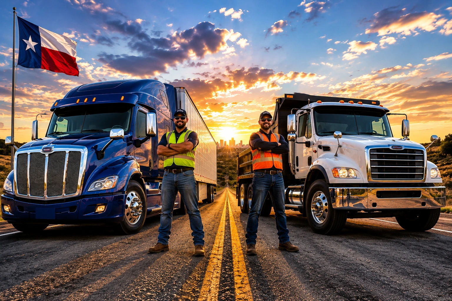 Class A CDL vs Class B CDL commercial trucks on a Texas highway