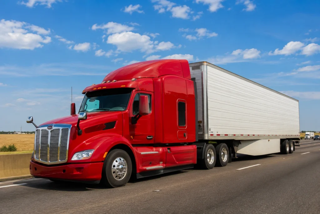 Class A CDL semi-truck hauling a large trailer on the highway