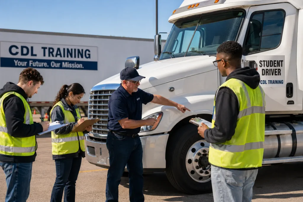 Students completing Class B CDL training and vehicle inspection practice in Texas