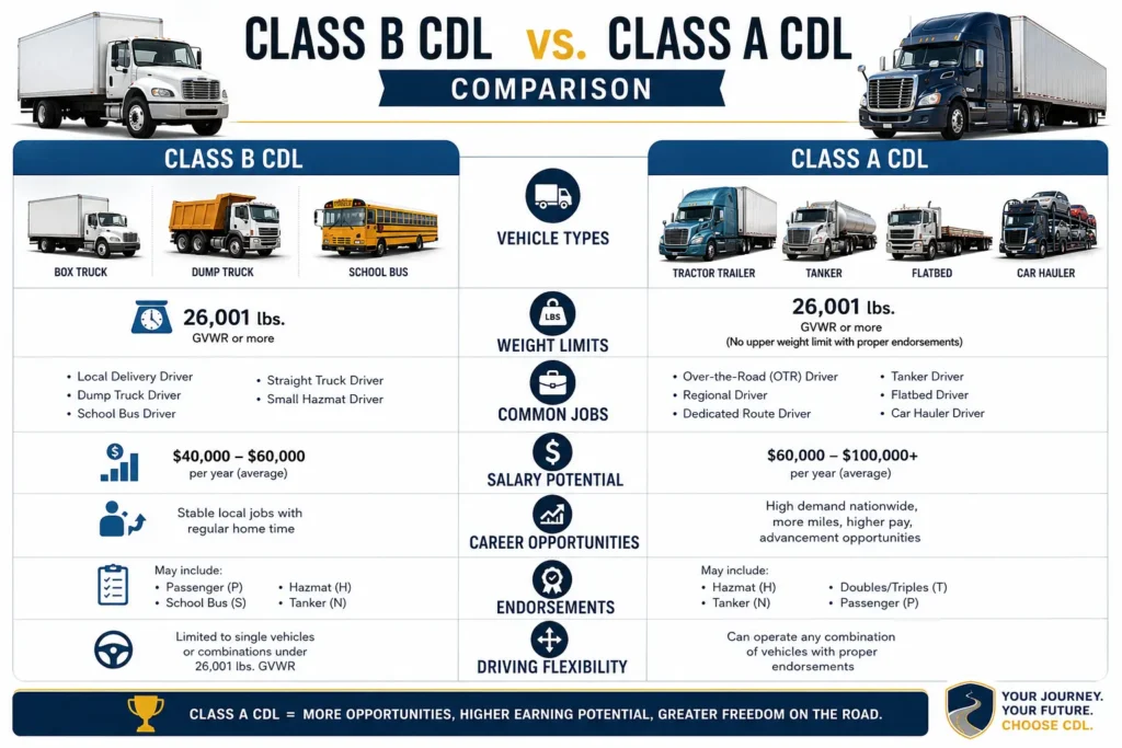Class B to Class A CDL requirements comparison infographic showing vehicle types, salary potential, endorsements, and career opportunities
