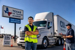 Student preparing for CDL certification at a Texas commercial driving school