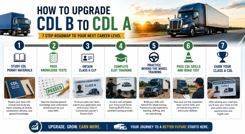 How to upgrade CDL B to CDL A infographic showing permit testing, ELDT training, road test preparation, and Class A CDL licensing steps