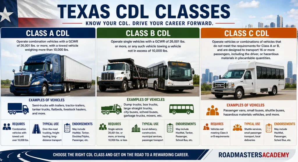 Comparison of Class A, Class B, and Class C commercial driver's licenses in Texas.