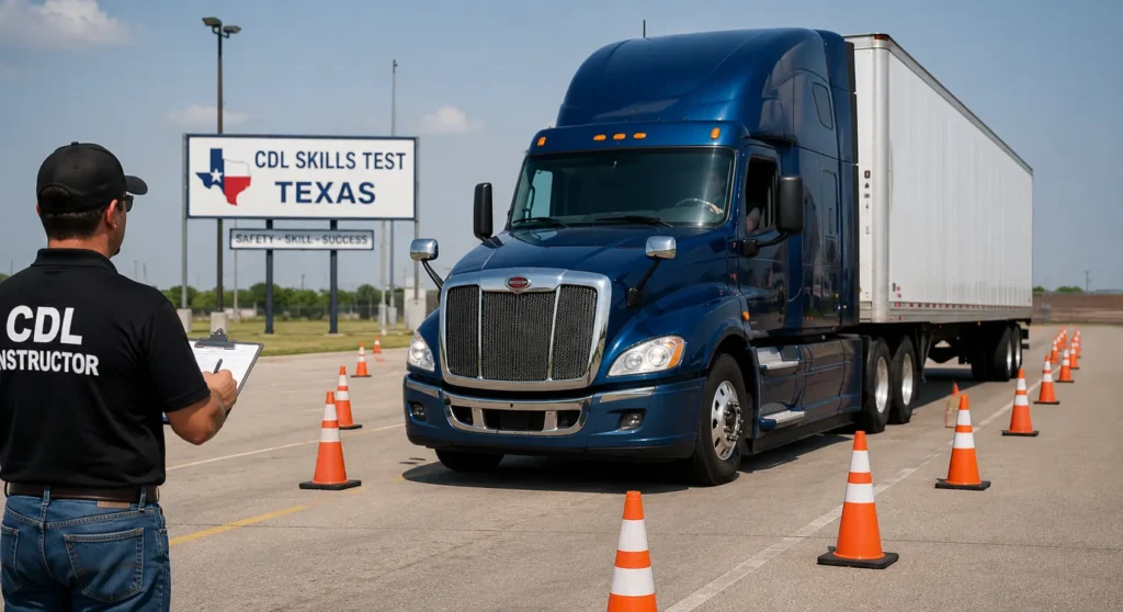 CDL student practicing commercial truck driving skills before the Texas road test.