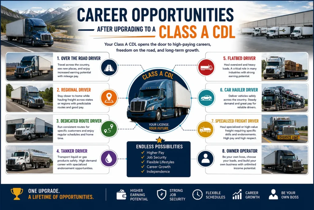 Class B to Class A CDL requirements infographic highlighting career opportunities, salary growth, and trucking jobs available with a Class A CDL