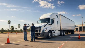 CDL training school in Brownsville TX with student and instructor near tractor trailer
