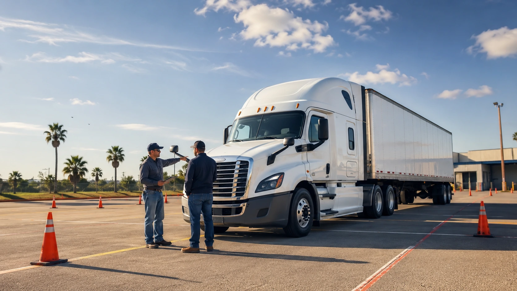 CDL training school in Brownsville TX with student and instructor near tractor trailer