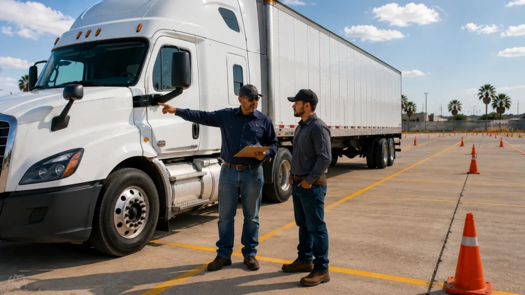 CDL instructor providing practical driving guidance to a student in Brownsville TX