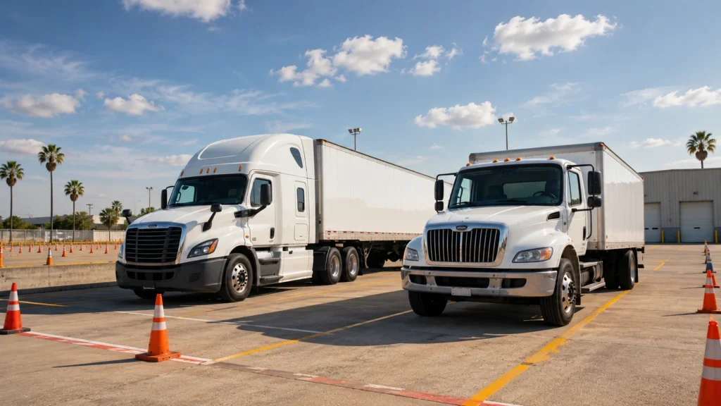 Commercial CDL training vehicles at a truck driving school in Brownsville Texas