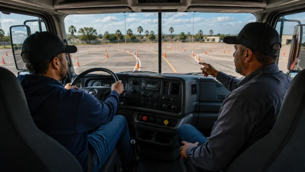 Student receiving hands-on CDL training from an instructor in Brownsville Texas